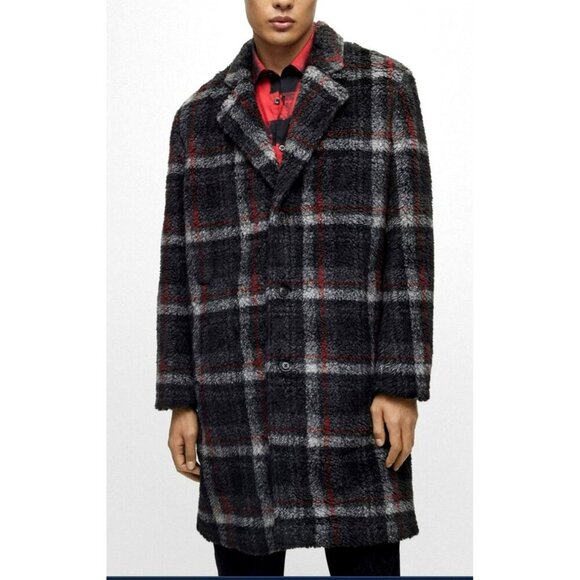 New Mens Hugo Boss Teddy Plaid Coat Wool-Blend Size Large